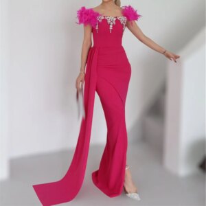 Customized Straight Prom Dresses Floor-length Off The Shoulder Sleeveless Evening Gown Fashion Crystal Feathers Party Gown