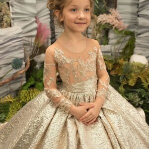 Gold Flower Girl Dress Princess Illusion Sleeve with Bow Buttons Luscious Skirt Birthday Wedding Party Kids Bridesmaid Customize