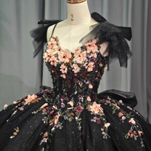 Customized Black Floral Lace Evening Dresses Off The Shoulder Bow Quinceanera Dress Dy1255-1