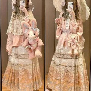 A cute and eclectic Hanfu dress with interlaced sleeves collared upper skirts