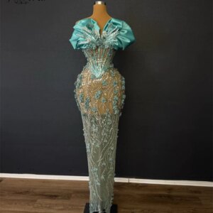Vestido Gala Luxury Beads Mermaid Evening Dresses Green Crystal 3D Flower Appliques Party Prom Gown robe pailletée femme soirée