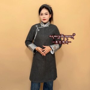 Tibetan Style Oblique Placket Vintage Mid-Length Women’s Improved Overcoat Young Temperament Daily Long Sleeve Coat Fashion