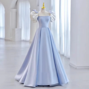 Simple Long Square Collar Pearl Satin Prom Dresses Short Sleeves with Bow A Line Floor Length Vestido De Festa
