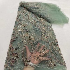 African French Tulle Groom Beads Lace Fabric 5 Yards 2024 High Quality Nigerian Lace Fabric African Lace Fabric For Wedding