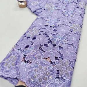 African chiffon cotton lace fabric 2025 high quality beads embroidery nigerian wedding for Lilac african lace