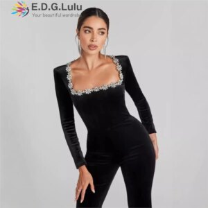 EDGLuLu High Quality Square Neck Diamond Splicing Black Jumpsuit Elegant Women’s Long Sleeves Flared Jumpsuit 2025 New 0515