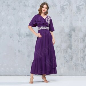 New Lovely Purple Prom Dresses Arabic 2024 Wedding Party Dresses Half Sleeves V Neckline Evening Gowns Ankle Length Beading