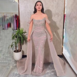 Arabic Pink Mermaid Beading Evening Dresses Off Shoulder Detachable Overskirt Sequin Formal Wedding Party Prom Gowns Customized