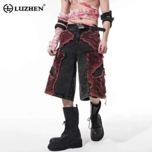 LUZHEN 2025 New Original High Street Patchwork Design Jeans Men Stylish Color Contrast Straight Denim Five-pointed Pants JY1129