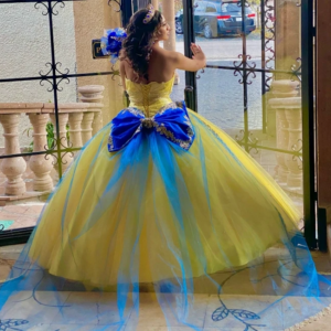 Cinderalle Yellow Vestidos De 15 Quinceañera Dress 2025 Contrast Blue Train Vestido Xv Años Luxury Bead Lace Birthday Customized