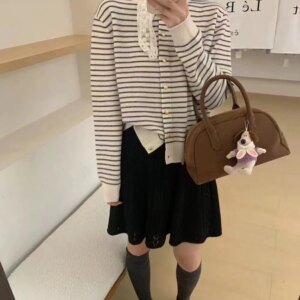 Women’s pure cashmere striped round neck cardigan autumn thin long sleeve knit jacket short top