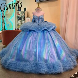 Light Blue Off The Shoulder Bow Quinceanera Dresses Ball Gown Tulle Pleat Ruffles Sweet 15 Años Mexican Customized
