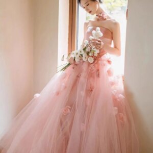 Stunning Pink Evening Dress Ball Gown Prom Dresses Velvet with Tulle Applique Handmade Flowers