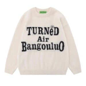 Men’s Letter Embroidered Round Neck Casual Sweater Long Sleeved Loose Pullover Linen Knitwear American Fashion Autumn 2025