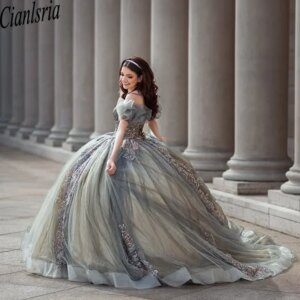 Glittering gray quinceanera dresses flower lace beading off-shoulder birthday party vestidos de 15 anos