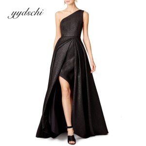 Customized Cocktail Party Prom Dress Shiny Black Sexy Split Floor Length Simple Formal One Shoulder Sleeveless Dresses for Women