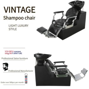 Black Vintage Shampoo Chair with Ceramic Bowl Super Quality Aluminum Hair Barber Washing Chair Durable Barber Chair