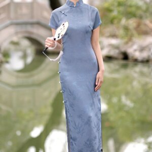 Vintage Jacquard High Quality Real Silk Cheongsam Qipao Women’s Clothing Dress under Smoky Rain Jiangnan Retro Placket Flag