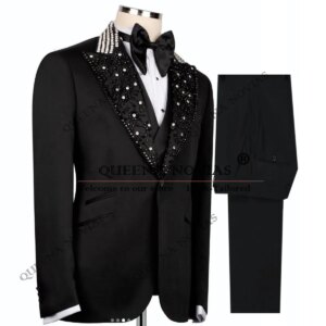 Beaded Stoned Groom Wedding Tuxedos Customized 3 Pieces Suits Men Single Breasted Prom Blazer Outfits traje de hombre elegante