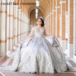 EVLAST Customized Silver Ball Gown Quinceanera Dress Lace Applique Beading Tiered Corset Sweet 16 Vestidos De 15 Anos E1Q731