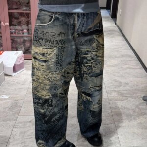 Construct Misvision Erosion Graffiti Loose Denim Trousers
