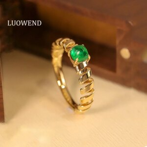 LUOWEND 100% 18K Yellow Gold Rings Fashion Organ Shape INS Style Real Natural Swat Emerald Ring for Women High Wedding Jewelry