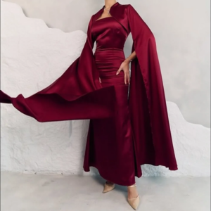 Customized Tight Fitting Straight Prom Dresses Ankle-Length Strapless Full Sleeve Coat Evening Dresses Simple Fashion Draped