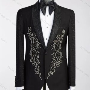 Luxury Crystals Men Suit Set 2 Pieces Blazer+Pant Formal Work Office Male Jacket Prom Cotton Coat Trousers Groom Wedding Tuxedos