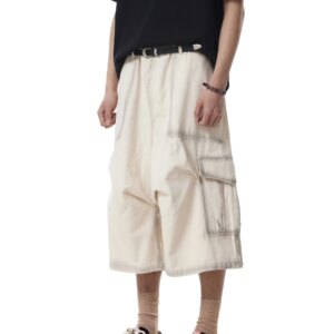 American Retro Washed Detail Dyed Multi-Pocket Cargo Pants Loose Wide Leg Cropped Trousers Men