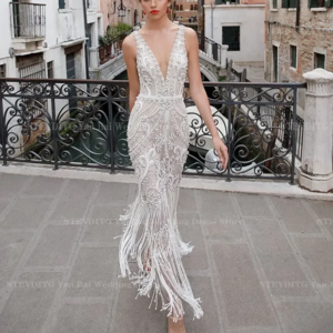 New Fashion White Prom Dresses Sexy Deep V Neck Floor Length Shiny Beaded Tassel Illusion Lace Dress Evening Party Female Gown