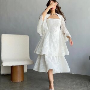 Customized Prom Modern Style Casual Square Collar A-line Tiered Knee-Length Lace Bespoke Occasion Dresses Evening