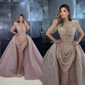 Luxury Evening Dresses O-neck Half Sleeves Floor Length Mermaid Pearls Detachable Train Princess High-end Women Banquet Gowns