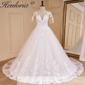 HEULORIA Princess Ball Gown Wedding Dress short sleeve lace applique plus size robe de mariee bride dress