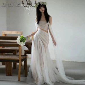Dreamy Mermaid Wedding Dresses Sheer Neck ,Pleats Tulle Fashion Bridal Gowns ,Romantic Noivas With Long Ribbon DW927