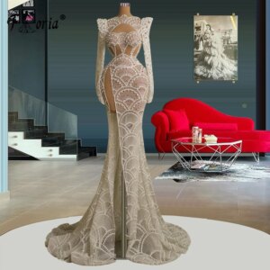 Gorgeous Full Beads Pearls Mermaid Wedding Party Dress Crystals See Through Slit Formal Occasion Gowns robe femme soirée 2023