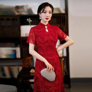 Red lace engagement dress mid-length standing collar wedding toasted Chinese style modified fashion cheongsam