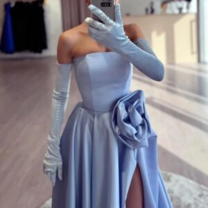 CustomizedA-Line Side Slit Floor Length Strapless Exquisite Evening Dresses Detachable Sleeve Satin Long Sleeves