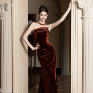 Elegant Evening Dress Strapless Velvet Sleeveless Mermaid Trailing Applique Banquet Cocktail Party Formal Occasions Prom Gowns