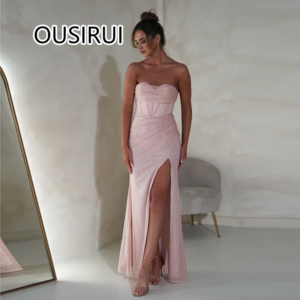 OUSIRUI Women Boat Collar Sequins Shiny Prom Party Dress Sheath Side High Split Backless and Zipper Long Prom Gown vestidos de