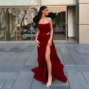 Customized Retro High quality Exquisite Classic Jersey Pleat Ruched Beading Column Square Neck Long Dresses Prom Dresses Simple