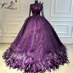 Dark Purple Feather Ball Gowns Evening Dresses 2025 Customized Arabic with Long Sleeves Luxury Vestido Prom Gowns