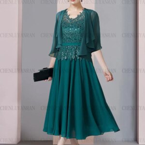 Green Applique Mother of the Bride Dresses 2 Pieces Chiffon Wedding Guest Gowns Tea-Length Elegant Dress Women For Wedding Party