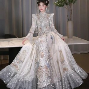 Chinese traditional wedding dress Chinese new Hanfu embroidery fringe silver slim-fit fishtail dress