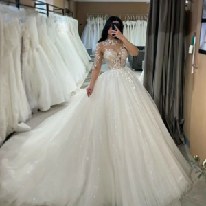 Elegant Long Sleeved Lace Sparkling Wedding Dress A-line High Neck Decal Bridal Gown Floor Length Robe Sheer Vest Customization