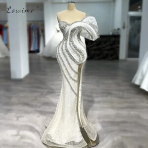 Fashion White Evening Dresses Crystal Asymmetric Off-Shoulder Women Split Party Dress