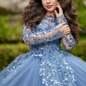 Customized Shiny blue round neck Long sleeves Quinceanera Dress applique Tull Outer layer gauze vestidos de 15 Quinceanera