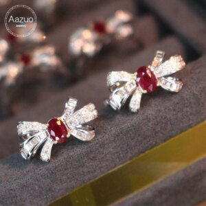 Aazuo Fine Jewelry 18K Solid White Gold Natrual Ruby Real Diamond Bowknot Ring Gifted For Woman Wedding Day Deluxe Banquet Party