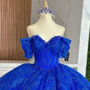 Customizedky Mexican Royal Blue Vestidos De 15 Quinceañera Sequined Ruffles Backless Ball Gown Tull Vestido De Princesas