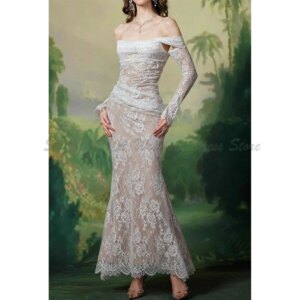 Stylish Evening Dresses Women Lace Off The Shoulder Mermaid Long Sleeves Floor Length High Quality Banquet Party Female Gowns