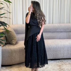 Customized Black A-Line Prom Dresses Tea-Length O-Neck Sleeveless Evening Gown Simple Fashion Lace Draped Bow Ruched Party Gown